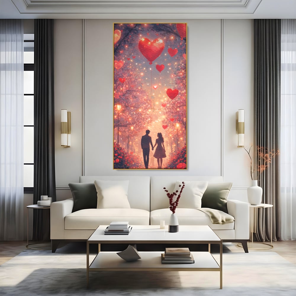 Tablou canvas cu ilustratie cu un cuplu pe alee, in rama de aluminiu auriu, pe perete intr-un living